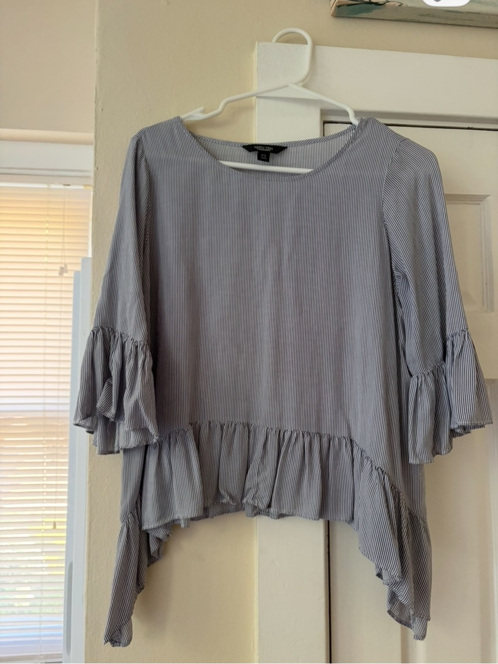 Vera Wang Light Blue Pinstripe Ruffle High-Low Blouse